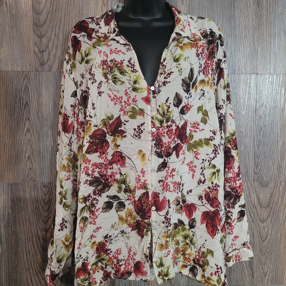 J Jill Button Front Blouse Plus Size 3X Autumn Floral Long Sleeve Lightweight